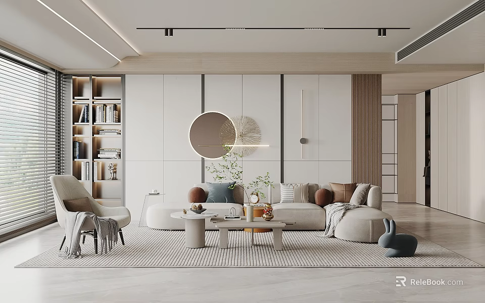 Modern Living Room Interior Featuring Circular Mirror Bookshelf Sofa Throw Pillows Coffee Table And Rug 3d model 