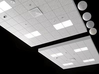 Modern White Ceiling Design With Square Tiles Recessed Lights And Circular Vents 3d model