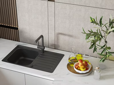 Modern Black Kitchen Sink With Faucet Draining Board On White Countertop With Fruits And Green Plant 3d model