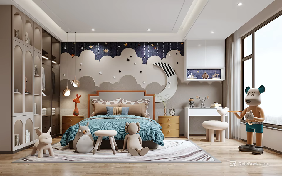 Kids Room Interior Design With Starry Cloud Wall Plush Toys Bed Bookshelves And Desk 3d model 