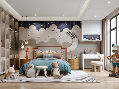 Kids Room Interior Design With Starry Cloud Wall Plush Toys Bed Bookshelves And Desk 3d model