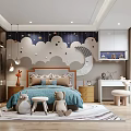 Kids Room Interior Design With Starry Cloud Wall Plush Toys Bed Bookshelves And Desk
