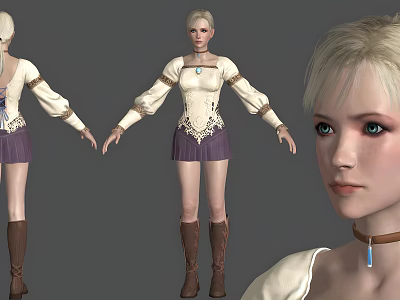 Woman In White Lace Top Purple Skirt Brown Boots Blue Pendant Necklace Multiple Views 3d model