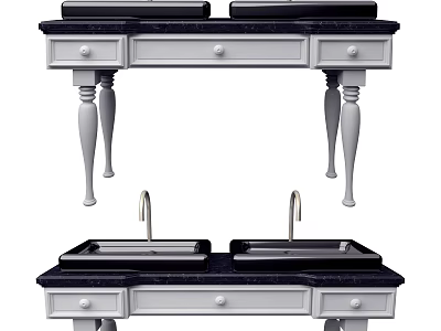 Double Sink Bathroom Vanity With Black Countertop White Cabinet And Chrome Faucets 3d model