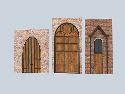 Stylish Wooden Entrance Doors With Various Arch Designs And Brick Wall Backdrop 3d model