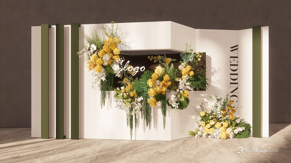 Wedding Floral Installation With Yellow White Flowers Green Foliage And Logo Backdrop 3d model 