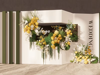 Wedding Floral Installation With Yellow White Flowers Green Foliage And Logo Backdrop 3d model