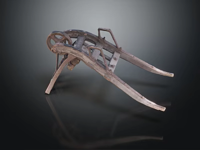 Rustic Antique Wooden Plow Farming Tool With Curved Frame And Long Handles 3d model