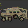 Tan Military Tank With Six Wheels Top Mechanical Arm And Windows