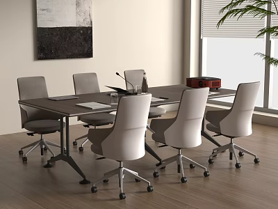 Modern Conference Table Setup In Office Interior With Ergonomic Chairs Wooden Floor And Potted Plant 3d model