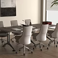 Modern Conference Table Setup In Office Interior With Ergonomic Chairs Wooden Floor And Potted Plant