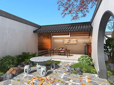 Chinese Courtyard Landscape Villa Courtyard Sun Room Red Maple Landscape 3d model