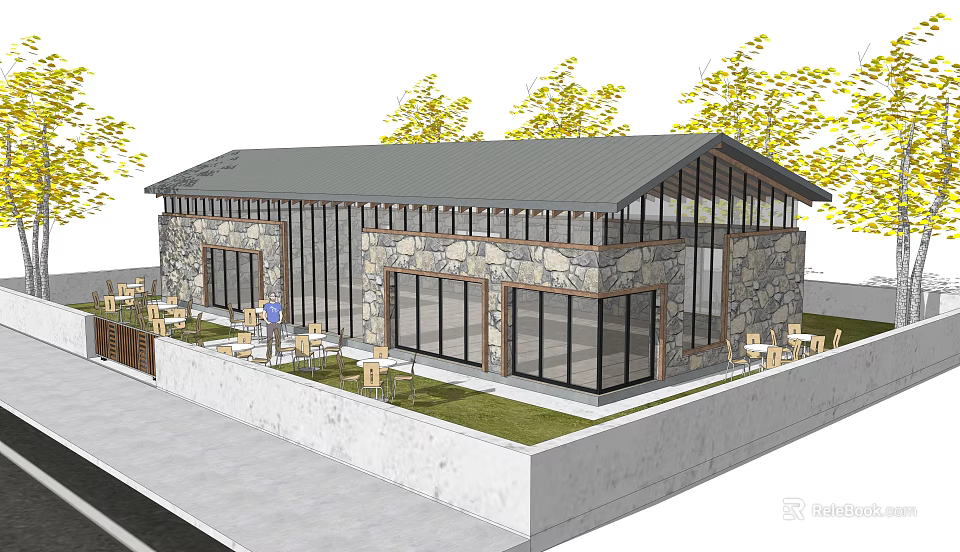 Modern Stone Wood Building Exterior With Large Glass Windows And Outdoor Seating 3d model 