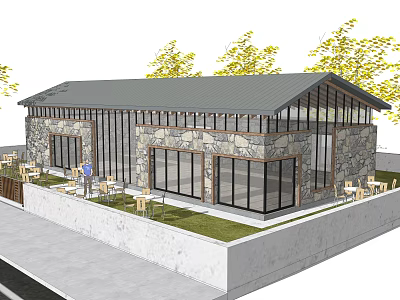 Modern Stone Wood Building Exterior With Large Glass Windows And Outdoor Seating 3d model