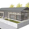 Modern Stone Wood Building Exterior With Large Glass Windows And Outdoor Seating