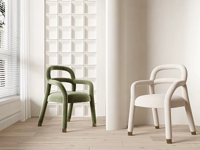 Green And White Accent Chairs In Room With Square Grid Wall And Wooden Floor 3d model