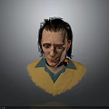 Detailed 3D Character Head With Black Hair Facial Scar Yellow Fur Collar Green Shirt