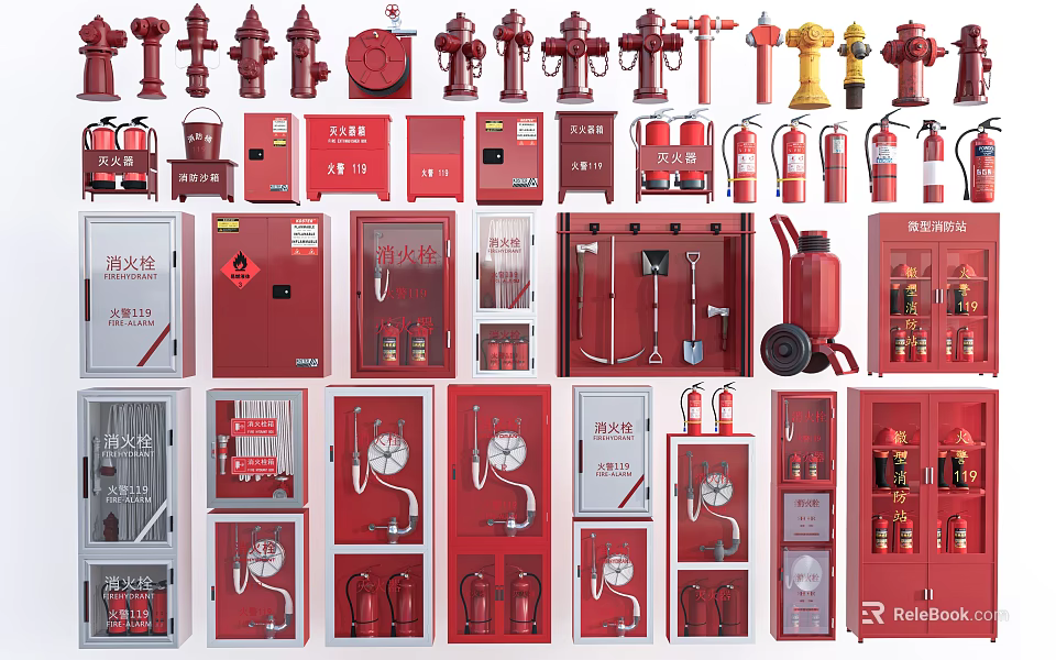 Various Types of Fire Equipment Including Hydrants Extinguishers and Storage Cabinets 3d model 