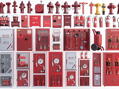 Various Types of Fire Equipment Including Hydrants Extinguishers and Storage Cabinets 3d model