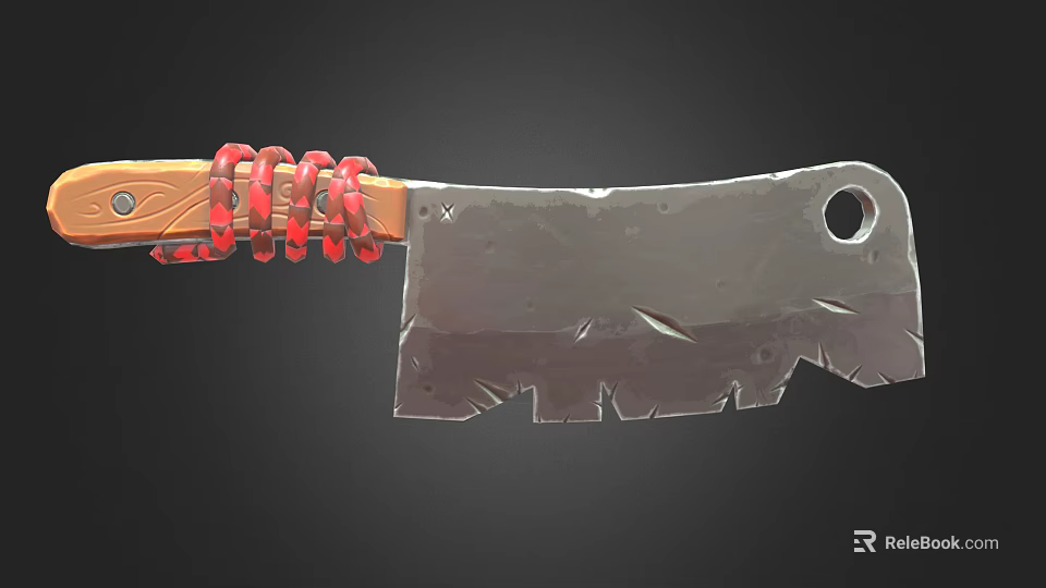 Wooden Handle Kitchen Appliance Knife Featuring Red Coiled Decorations On Worn Blade 3d model 