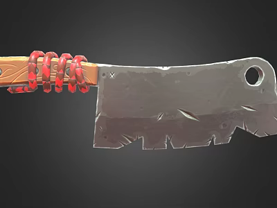 Wooden Handle Kitchen Appliance Knife Featuring Red Coiled Decorations On Worn Blade 3d model