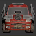Red Modified Car With Multiple Exhaust Pipes NEE Logo And Worn Tires