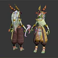 Fantasy Horned Creature Characters With White Long Hair Yellow Brown Outfits Holding Items