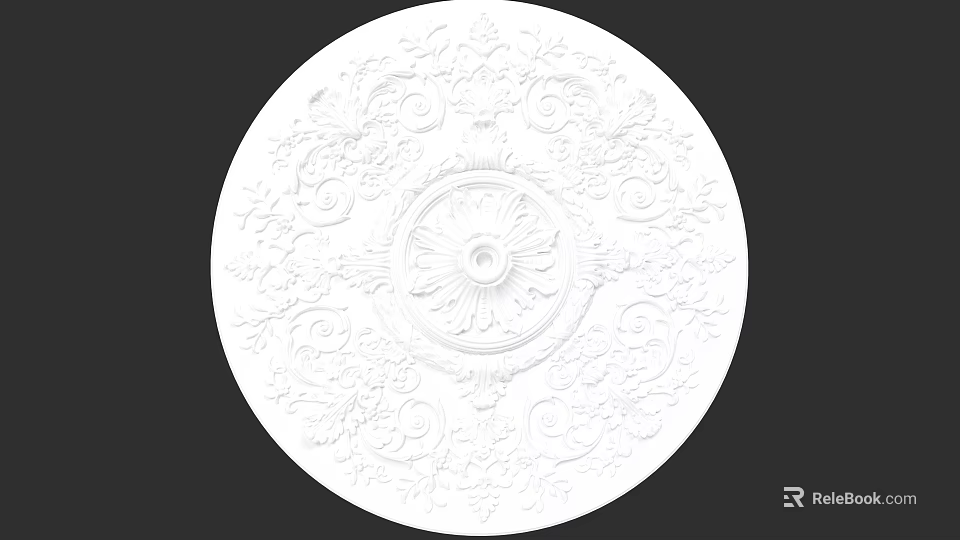 White Circular Ceiling Medallion with Intricate Floral Patterns and Central Design 3d model 