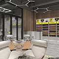 4S Car Dealership Showroom Featuring Colorful Sports Cars Geometric Lights Yellow Floor And Tool Storage