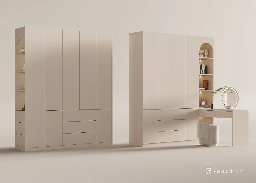 Modern Dressing Table Design With Minimalist Storage Cabinets And Round Mirror 3d model