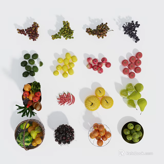 Assorted Fresh Fruits Including Grapes Lemons Apples Strawberries And Pears In Bowls 3d model 