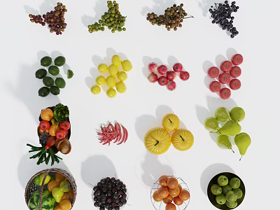 Assorted Fresh Fruits Including Grapes Lemons Apples Strawberries And Pears In Bowls 3d model