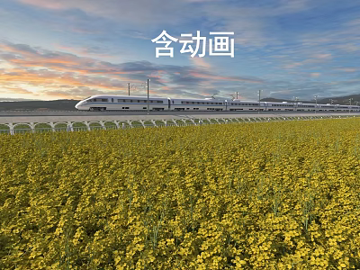 Beautiful Landscape With Yellow Rapeseed Flowers Field And High Speed Train Under Sunset Sky 3d model