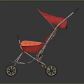 Red Baby Stroller With Red Canopy And Metal Frame On Reflective Surface