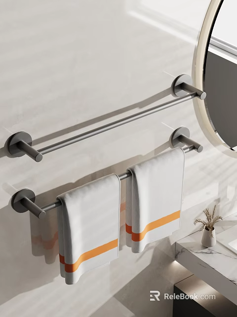 Bathroom Wall Mounted Towel Rack With White Towels And Orange Stripes 3d model 