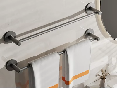 Bathroom Wall Mounted Towel Rack With White Towels And Orange Stripes 3d model