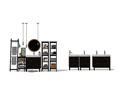 Modern Bathroom Vanity Cabinet With Round Mirror Shelving And Pendant Lights 3d model
