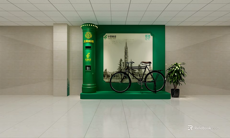 China Post Interior With Green Pillar Bicycle Wall Graphic And Potted Plant 3d model 