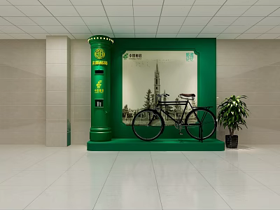 China Post Interior With Green Pillar Bicycle Wall Graphic And Potted Plant 3d model