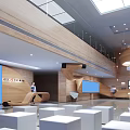 Modern Bank Open Space Interior Featuring Wooden Elements Front Desk Hanging Lights And Marble Floor