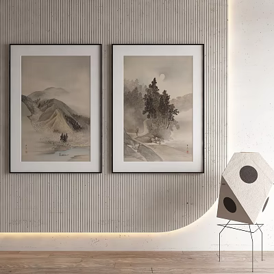 Two Framed Traditional Landscape Paintings With Mountain Trees And Moon In Modern Room Wall Decor 3d model