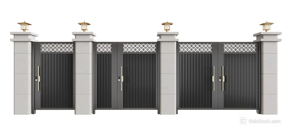 Modern Black Entrance Gate With Vertical Slats Gray Pillars And Lamp Posts 3d model 