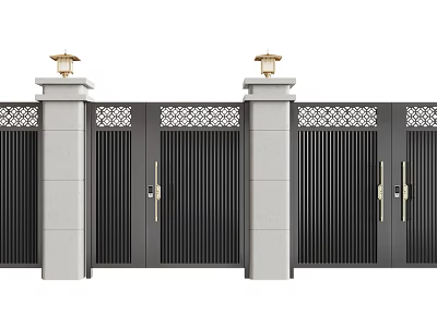 Modern Black Entrance Gate With Vertical Slats Gray Pillars And Lamp Posts 3d model