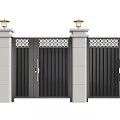 Modern Black Entrance Gate With Vertical Slats Gray Pillars And Lamp Posts 3d model