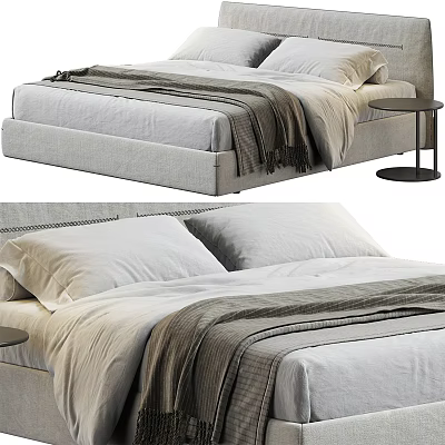 Modern Double Bed With Soft Bedding Pillows Neutral Tones And Side Nightstand 3d model