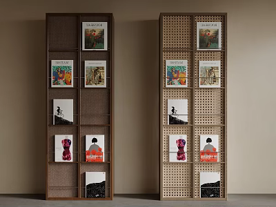 Two Tall Wooden Bookshelves With Perforated Solid Backs And Colorful Art Books On Open Shelves 3d model