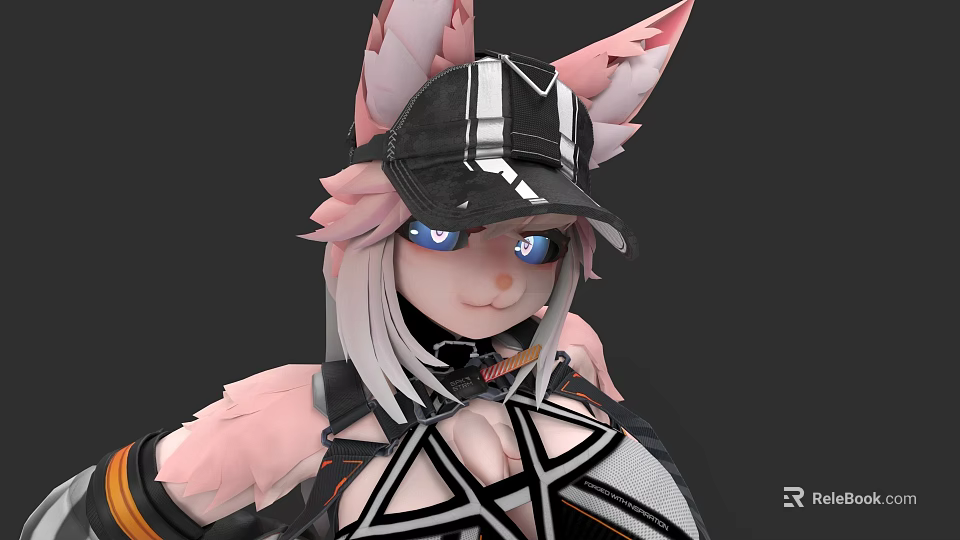 Woman With Pink Fox Ears Black Cap White Stripes Blue Eyes And White Hair 3d model 