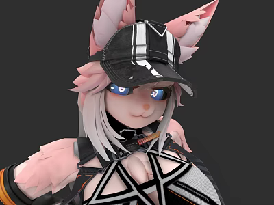 Woman With Pink Fox Ears Black Cap White Stripes Blue Eyes And White Hair 3d model