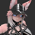 Woman With Pink Fox Ears Black Cap White Stripes Blue Eyes And White Hair 3d model