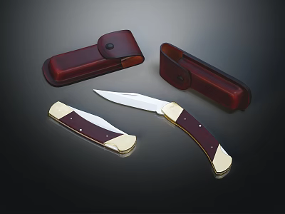 High Quality Folding Knife With Silver Blade Dark Red Handle Gold Accents And Leather Sheath 3d model